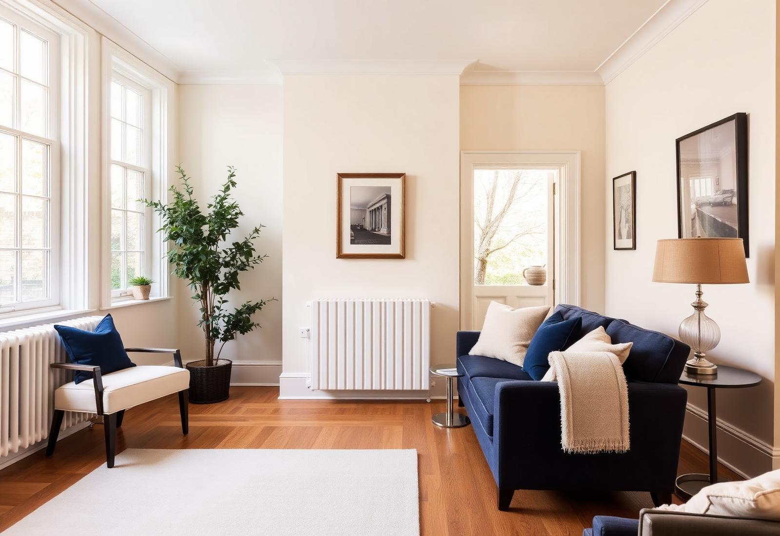 Warm elegant Kingston living room with a modern white radiator